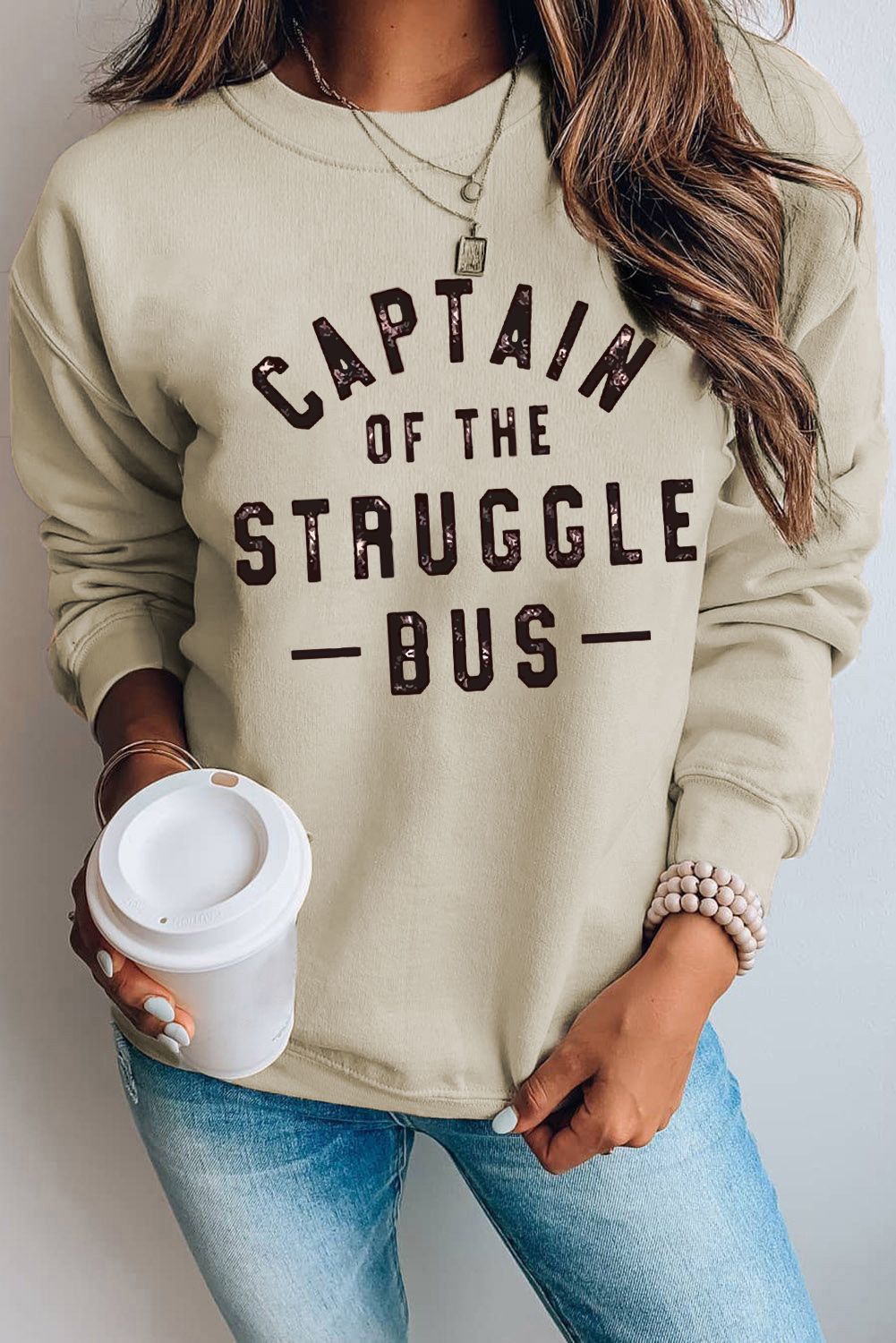 Khaki CAPTIN Of THE STRUGGLE BUS Graphic Sweatshirt Khaki 70%Polyester+30%Cotton Graphic Sweatshirts JT's Designer Fashion