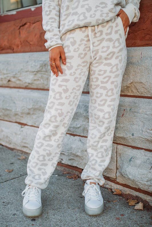 White Printed Leopard Pullover and Drawstring Pants Lounge Set Loungewear JT's Designer Fashion