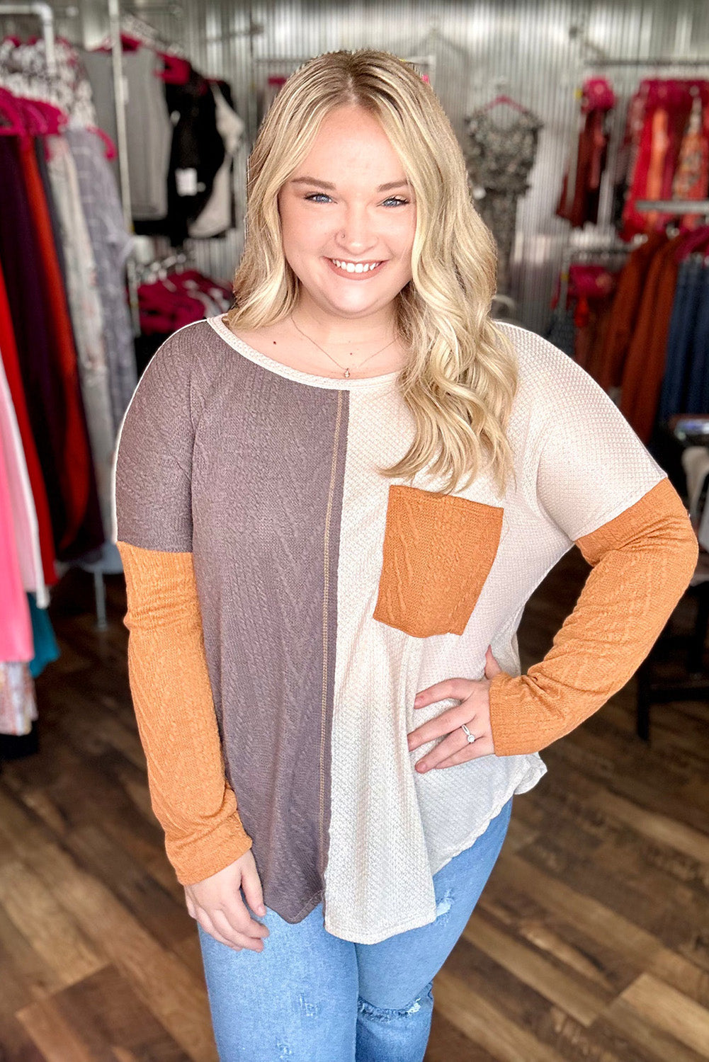 Chestnut Color Block Textured Pocketed Plus Size Top Plus Size JT's Designer Fashion
