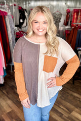 Chestnut Color Block Textured Pocketed Plus Size Top Plus Size JT's Designer Fashion