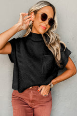 Black Patch Pocket Ribbed Knit Short Sleeve Sweater Sweaters & Cardigans JT's Designer Fashion