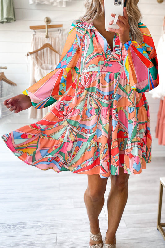 Multicolor Geometric Print Split Neck Ruffle Tiered Mini Dress Dresses JT's Designer Fashion