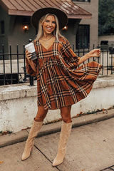 Brown Plaid Pattern Frilled Shoulder Empire Waist Babydoll Dress Dresses JT's Designer Fashion