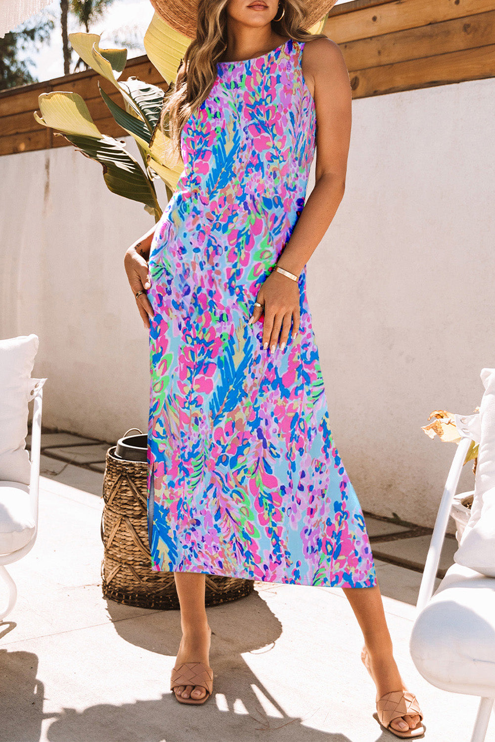 Purple Abstract Floral Print Sleeveless Long Dress Maxi Dresses JT's Designer Fashion