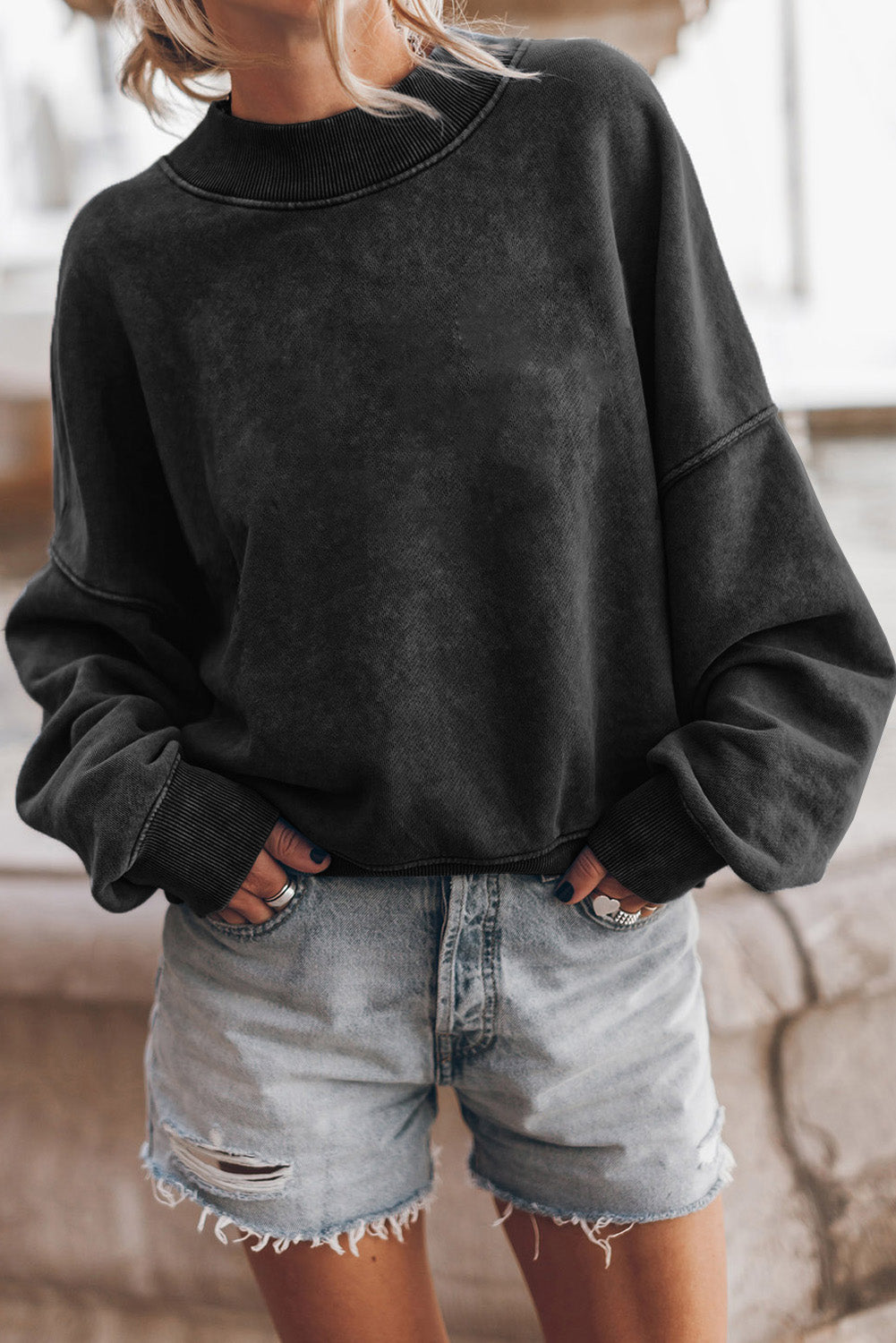 Black Drop Shoulder Crew Neck Pullover Sweatshirt Sweatshirts & Hoodies JT's Designer Fashion