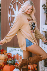 Khaki HOWDY FALL Pumpkin Print Split Hem Sweatshirt Graphic Sweatshirts JT's Designer Fashion