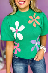 Bright Green Floral Bubble Sleeve Knitted Top Sweaters & Cardigans JT's Designer Fashion