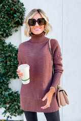 Mineral Red Turtleneck Ribbed Knit Tunic Sweater Sweaters & Cardigans JT's Designer Fashion