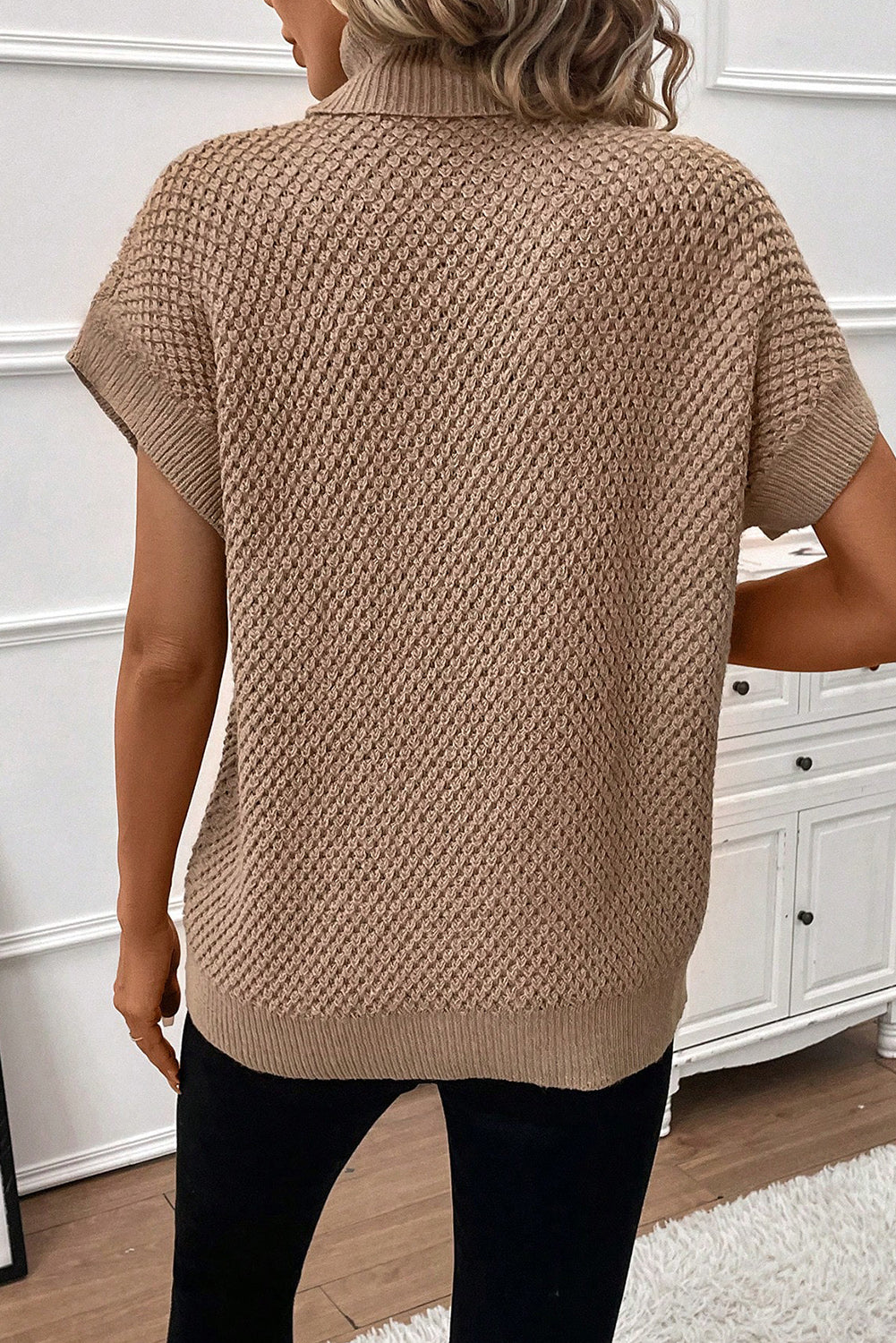 Apricot khaki Ribbed Turtleneck Textured Short Sleeve Sweater Sweaters & Cardigans JT's Designer Fashion