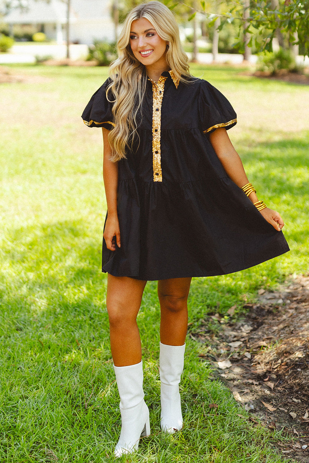 Black Sequin Trim Bubble Sleeve Game Day Shirt Dress Dresses JT's Designer Fashion