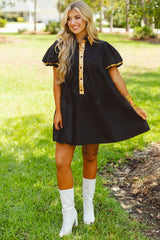 Black Sequin Trim Bubble Sleeve Game Day Shirt Dress Dresses JT's Designer Fashion