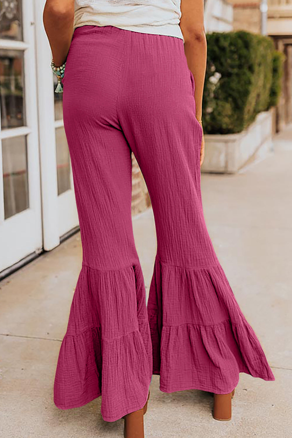Rose Green Textured High Waist Ruffled Bell Bottom Pants Bottoms JT's Designer Fashion