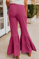 Rose Green Textured High Waist Ruffled Bell Bottom Pants Bottoms JT's Designer Fashion