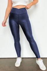 Navy Blue Crossed Dip Waist Sleek Leather Leggings Bottoms JT's Designer Fashion