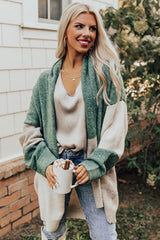 Green Colorblock Draped Open Front Chunky Cardigan Sweaters & Cardigans JT's Designer Fashion