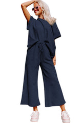 Navy Blue Gray Textured Loose Fit T Shirt and Drawstring Pants Set Bottoms JT's Designer Fashion