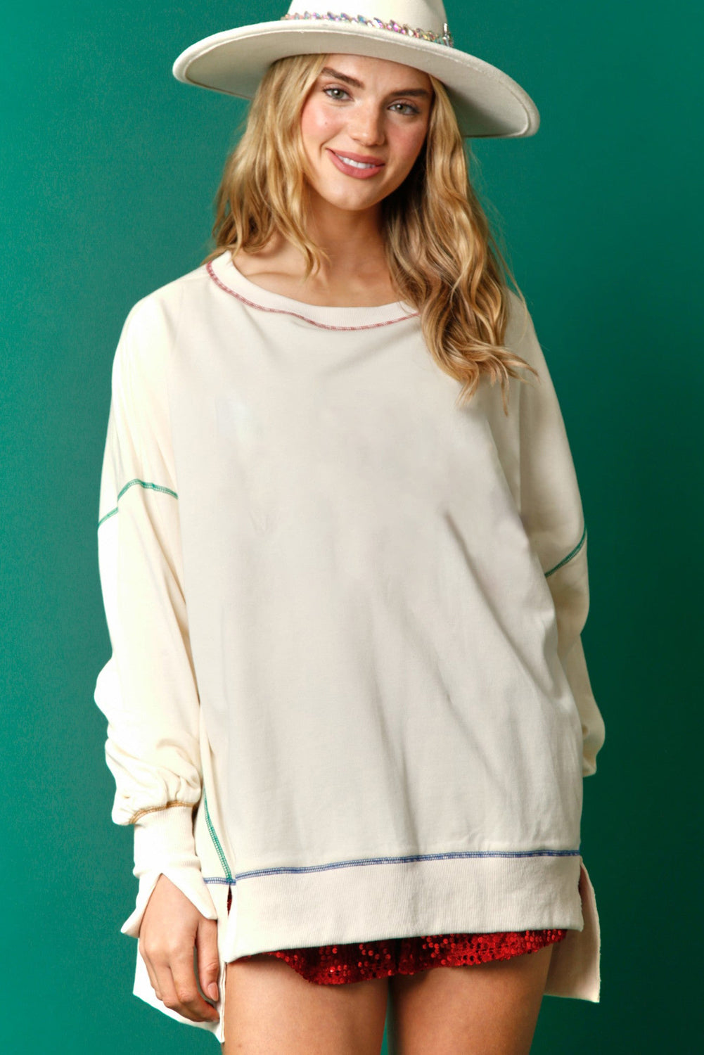 White Contrast Stitching Split Baggy Sweatshirt Sweatshirts & Hoodies JT's Designer Fashion