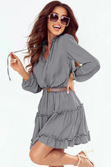 Gray V Neck Long Sleeve Ruffle Tiered Mini Dress Mini Dresses JT's Designer Fashion