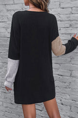 Black Ribbed Color Block Drop Shoulder Mini Dress Dresses JT's Designer Fashion