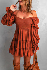 Brown Boho Solid Shirred Ruffle Mini Dress Mini Dresses JT's Designer Fashion