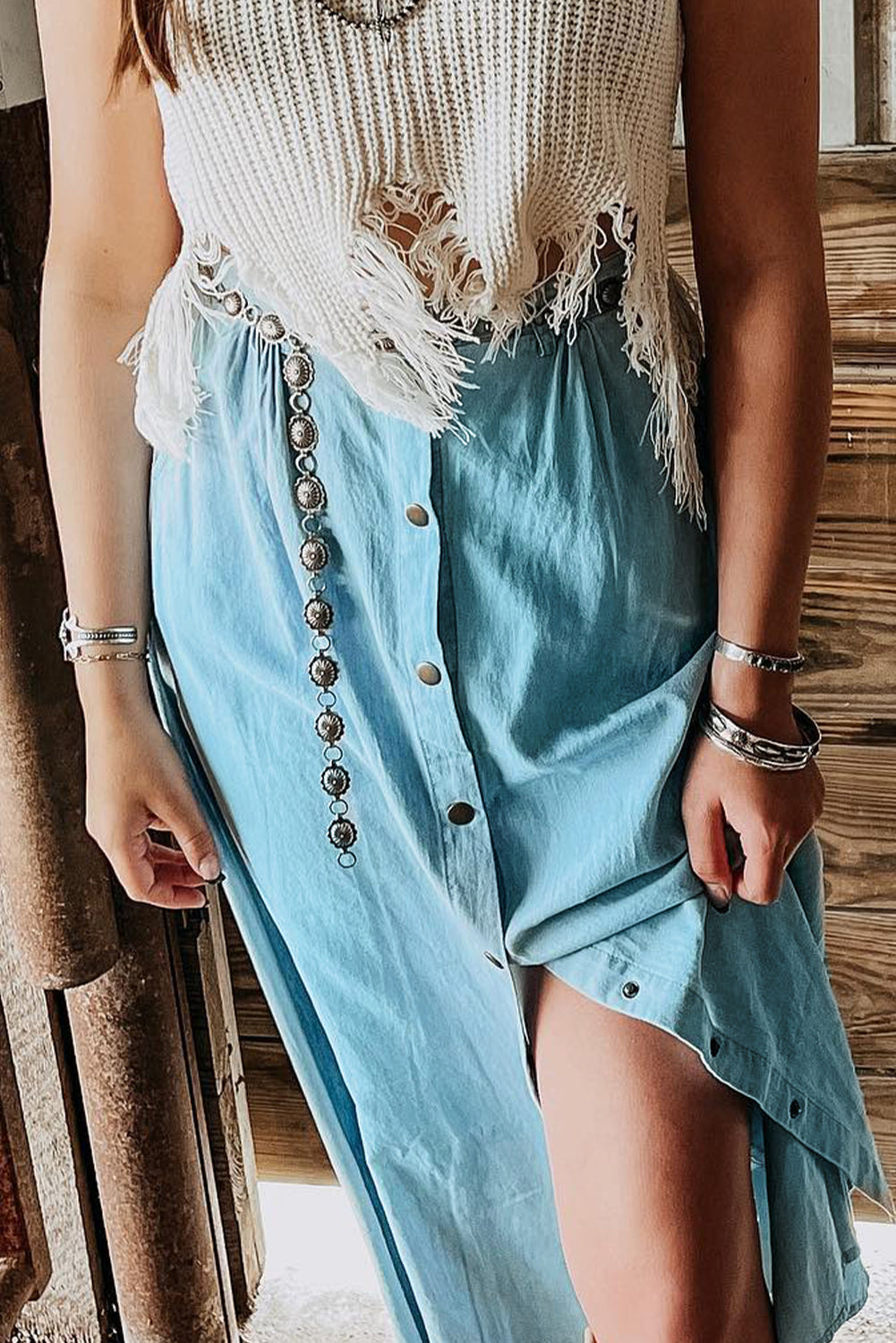 Mist Blue Fully Buttoned Long Denim Skirt Bottoms JT's Designer Fashion