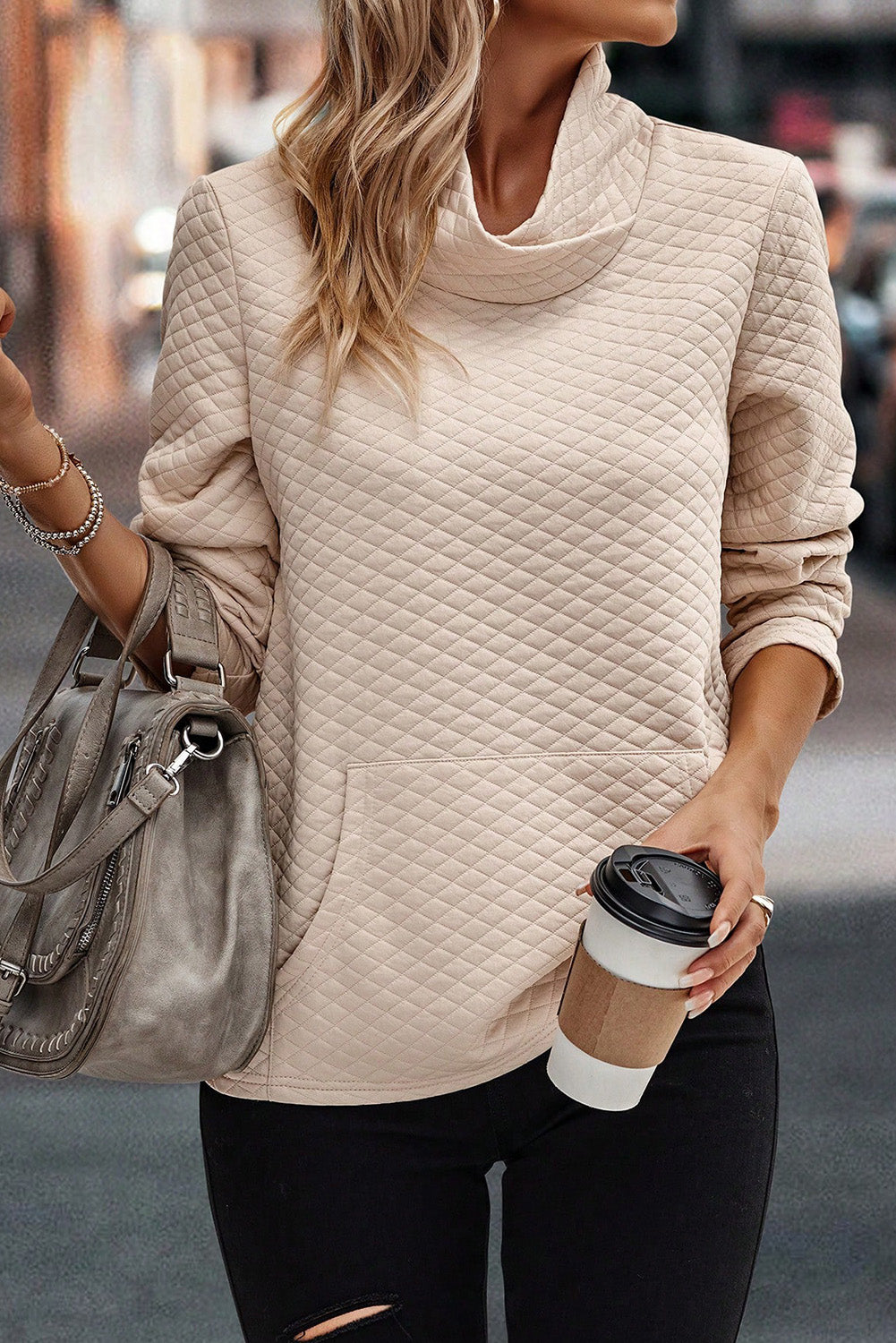 Apricot Quilted Draped High Neck Kangaroo Pocket Top Sweatshirts & Hoodies JT's Designer Fashion