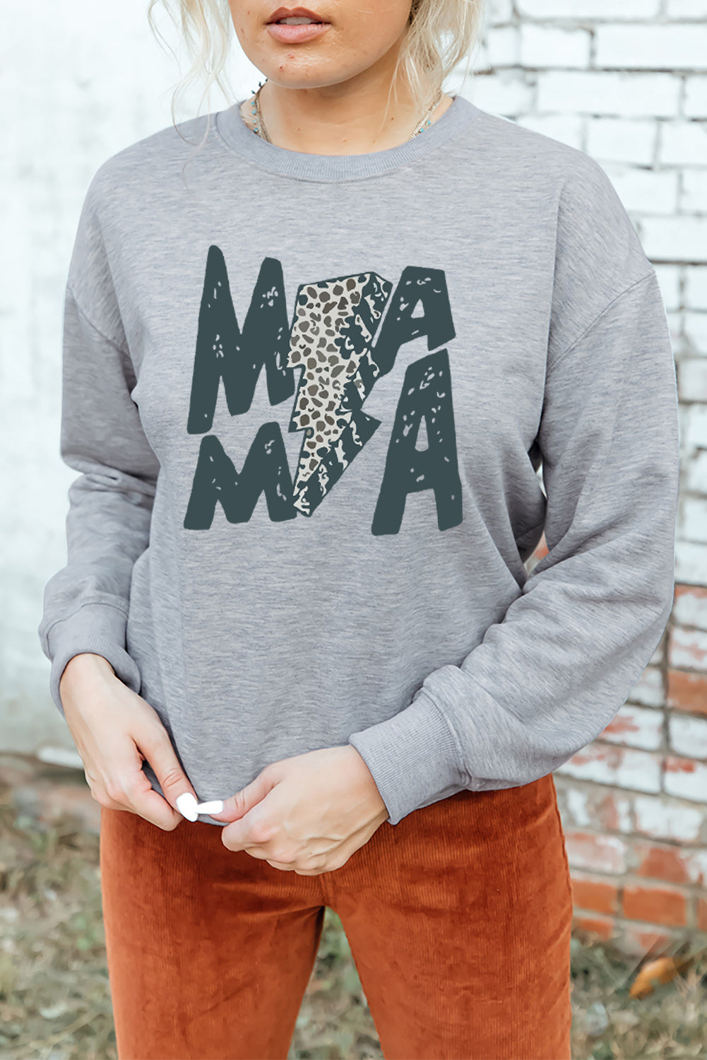 Gray MAMA Lightning Leopard Print Long Sleeve Sweatshirt Graphic Sweatshirts JT's Designer Fashion