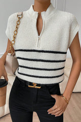 White Stripe Half Zip Split Neck Sweater Vest Sweaters & Cardigans JT's Designer Fashion
