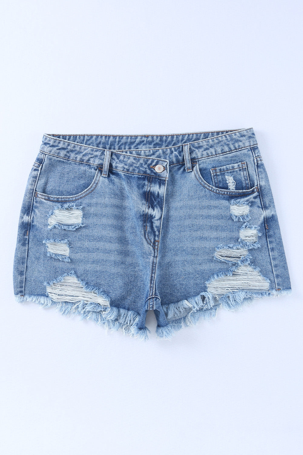 Sky Blue High Rise Crossover Waist Denim Shorts Denim Shorts JT's Designer Fashion