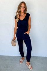 Black Shirred High Waist Sleeveless V Neck Jumpsuit Bottoms JT's Designer Fashion
