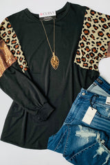 Black Leopard Sequin Patch Plus Size Long Sleeve Top Plus Size JT's Designer Fashion