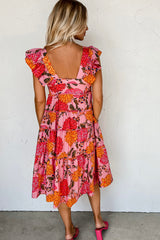Pink Floral Ruffled Flutter Square Neck Tiered Dress Dresses JT's Designer Fashion