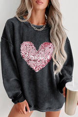 Black Sequin Heart Shaped Crewneck Corded Sweatshirt Black 100%Polyester Graphic Sweatshirts JT's Designer Fashion
