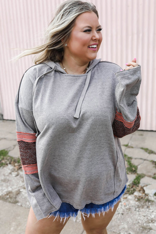 Gray Contrast Patched Sleeve Plus Size Hoodie Plus Size JT's Designer Fashion