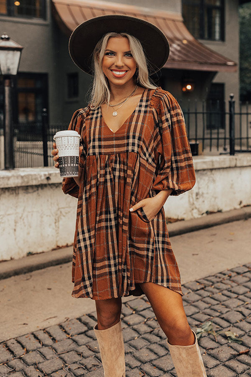 Brown Plaid Pattern Frilled Shoulder Empire Waist Babydoll Dress Dresses JT's Designer Fashion