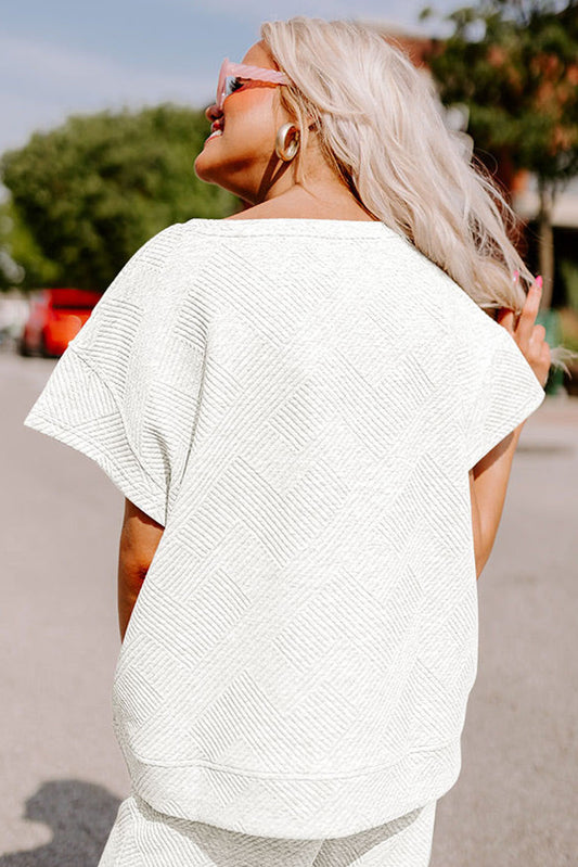 Bright White Gray Textured Loose Fit T Shirt and Drawstring Pants Set Bottoms JT's Designer Fashion