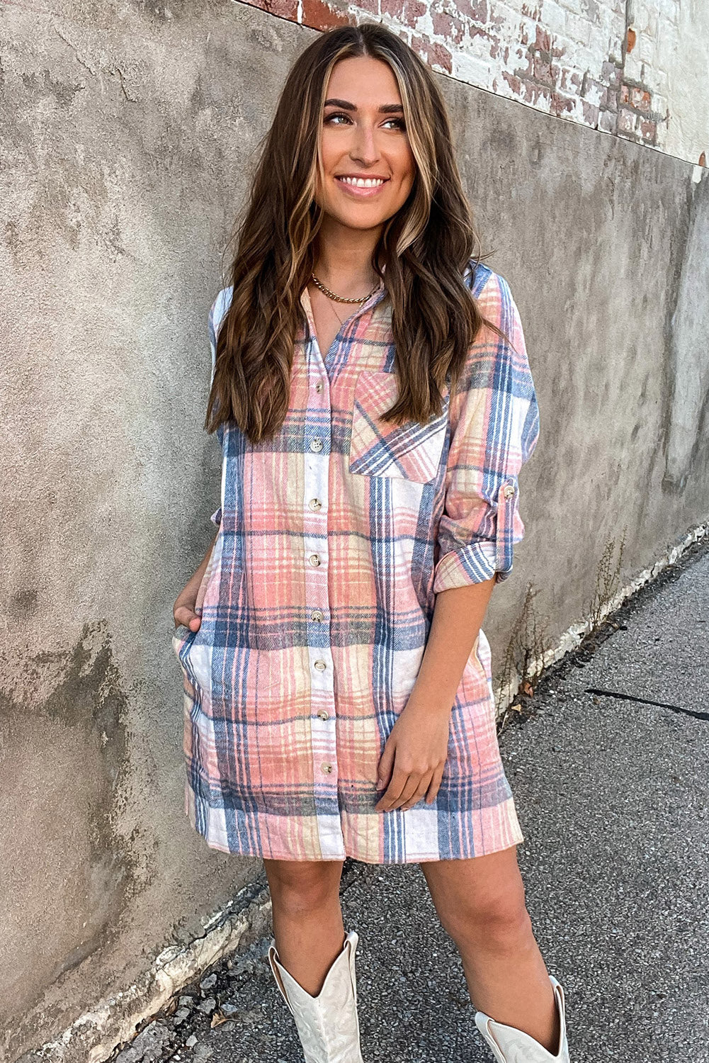 Pink Plaid Roll-tab Sleeve Side Slit Shirt Dress Dresses JT's Designer Fashion