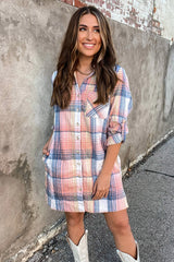 Pink Plaid Roll-tab Sleeve Side Slit Shirt Dress Dresses JT's Designer Fashion