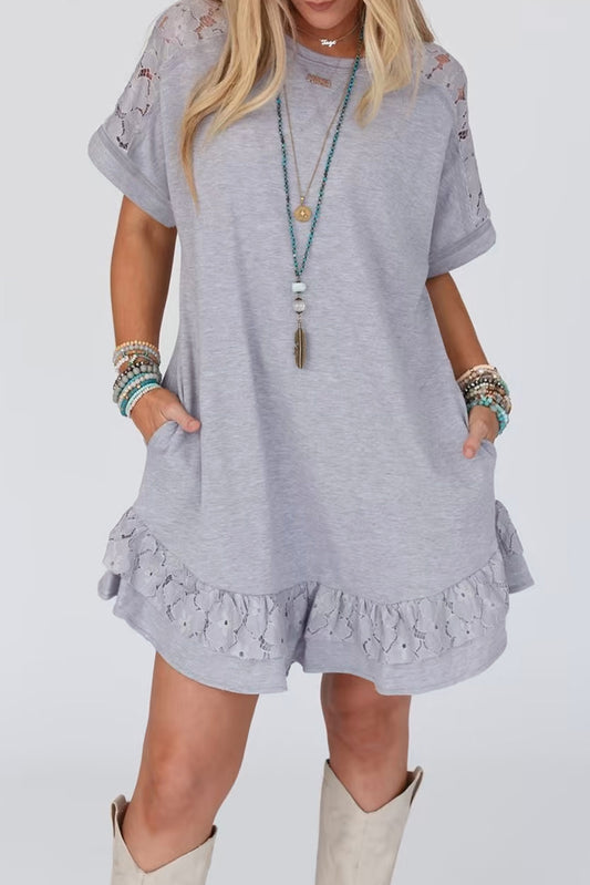 Light Grey Lace Floral Patchwork Ruffled Short Sleeve Mini Dress Mini Dresses JT's Designer Fashion