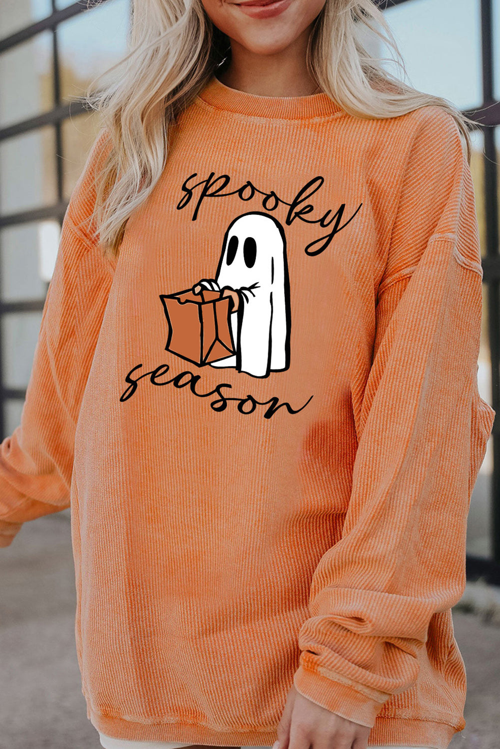 Orange Spooky Season Ghost Print Ribbed Pullover Sweatshirt Graphic Sweatshirts JT's Designer Fashion