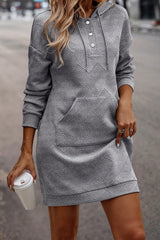 Gray Textured Kangaroo Pocket Drawstring Hooded Mini Dress Dresses JT's Designer Fashion