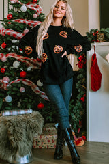 Black Sequined Jack O Lantern Split Hem Baggy Sweatshirt Graphic Sweatshirts JT's Designer Fashion