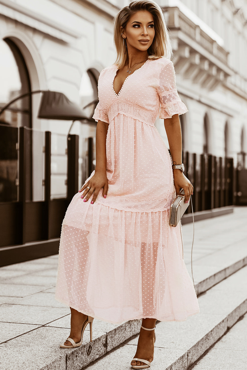Swiss Dot Lace Trim Long Dress Pink pink Maxi Dresses JT's Designer Fashion