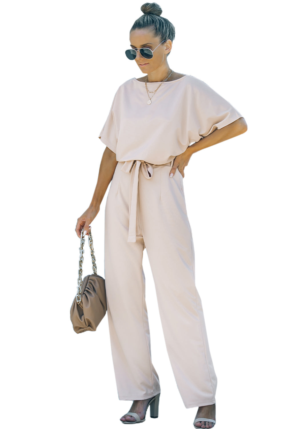 Apricot Oh So Glam Belted Wide Leg Jumpsuit Jumpsuits & Rompers JT's Designer Fashion