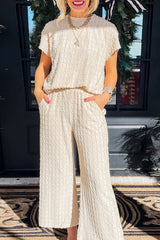 Apricot Metallic Lattice Textured Casual Two Piece Outfit Bottoms JT's Designer Fashion