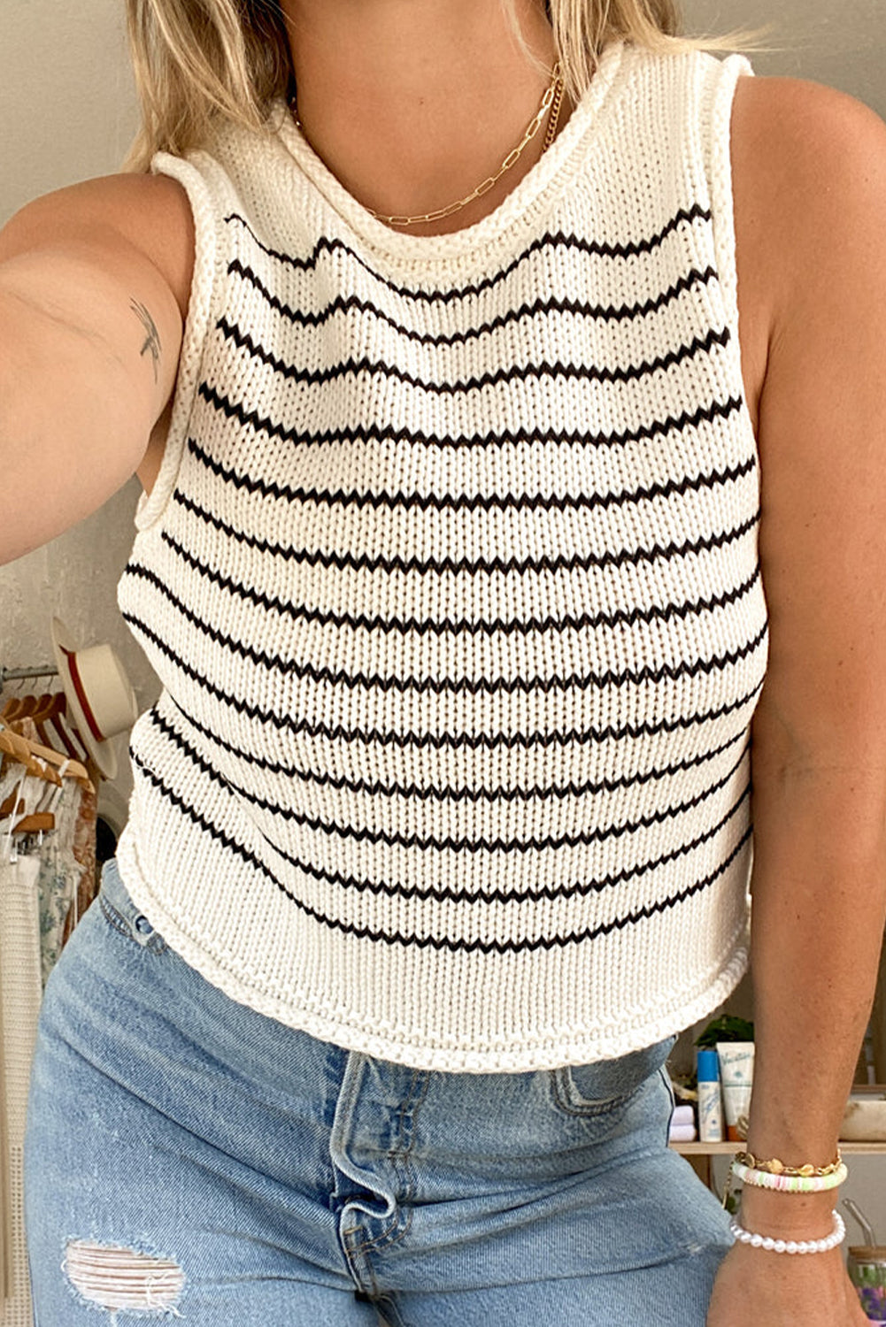 Black Stripe Raw Edge Knitted Sleeveless Sweater Sweaters & Cardigans JT's Designer Fashion