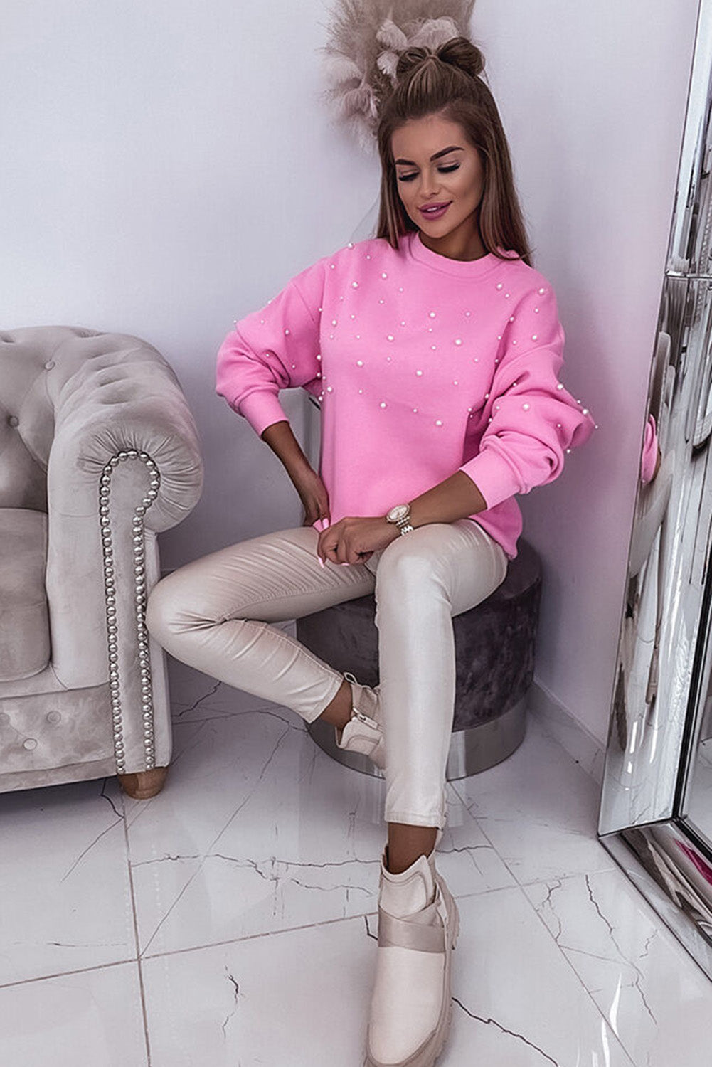 Pirouette Pearl Detail Ribbed Round Neck Sweatshirt Sweatshirts & Hoodies JT's Designer Fashion