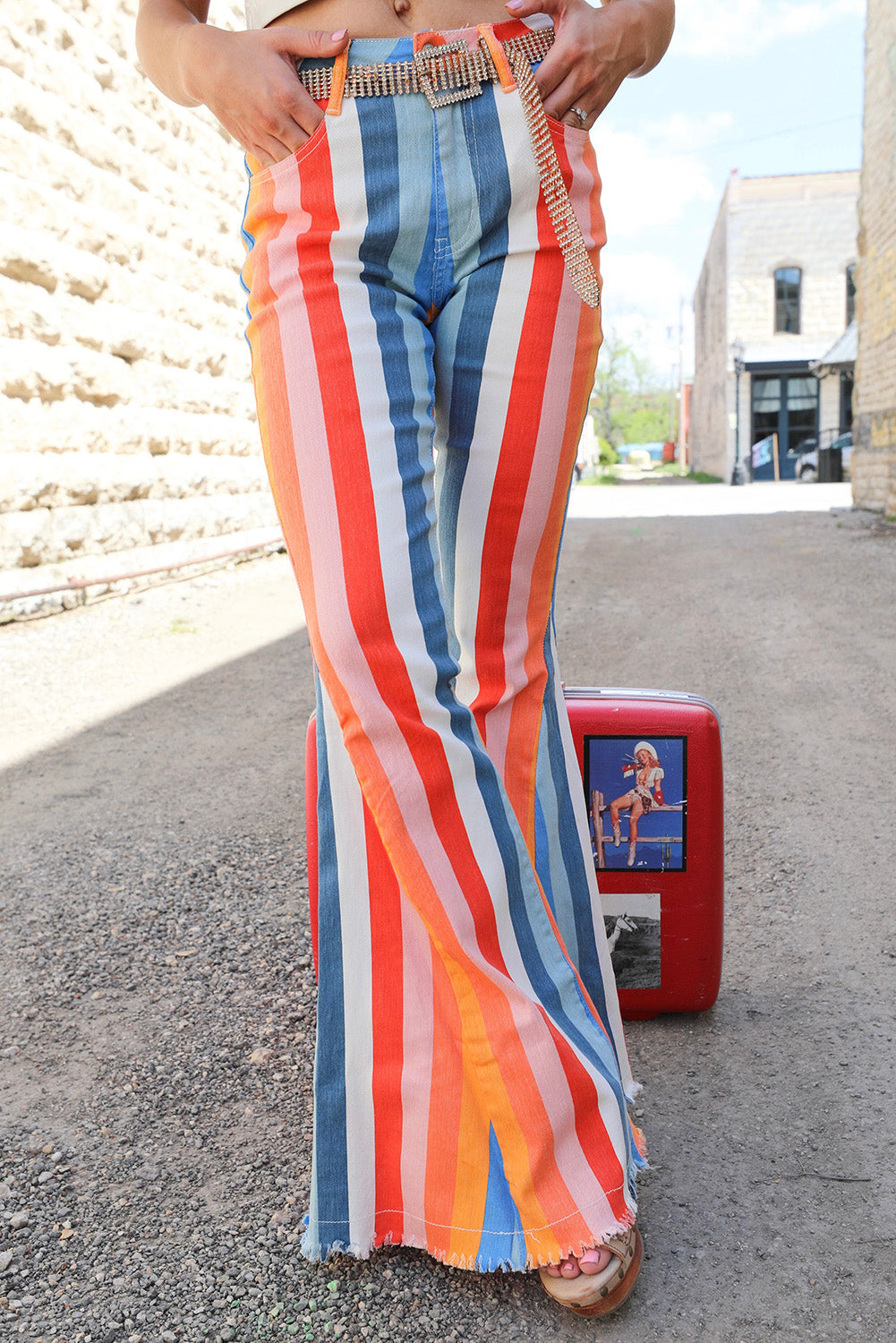 Multicolor Striped Raw Hem Flared Bottom Denim Pants Bottoms JT's Designer Fashion