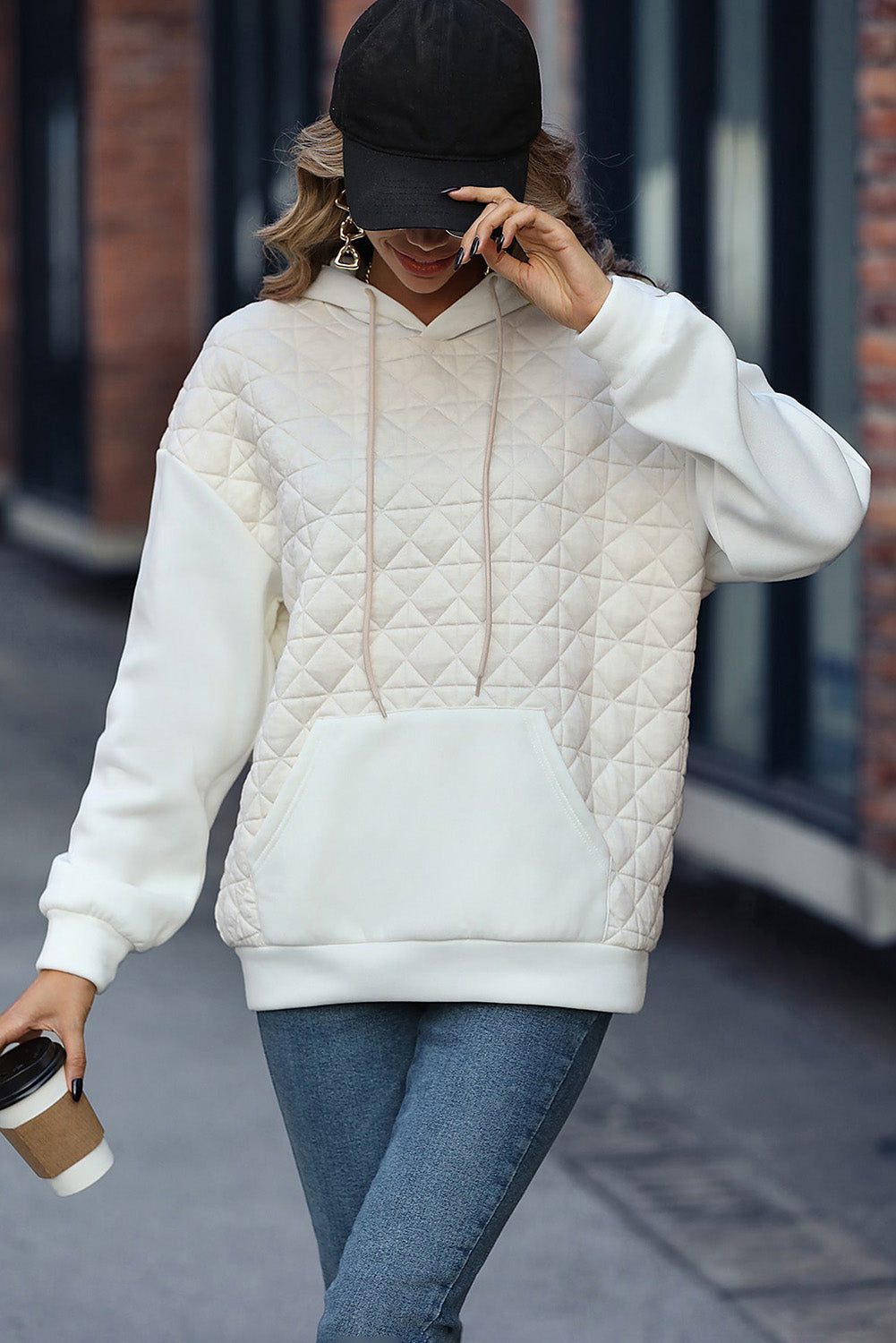 Beige Drop Shoulder Kangaroo Pocket Patchwork Quilted Hoodie Sweatshirts & Hoodies JT's Designer Fashion