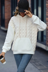 Beige Drop Shoulder Kangaroo Pocket Patchwork Quilted Hoodie Sweatshirts & Hoodies JT's Designer Fashion